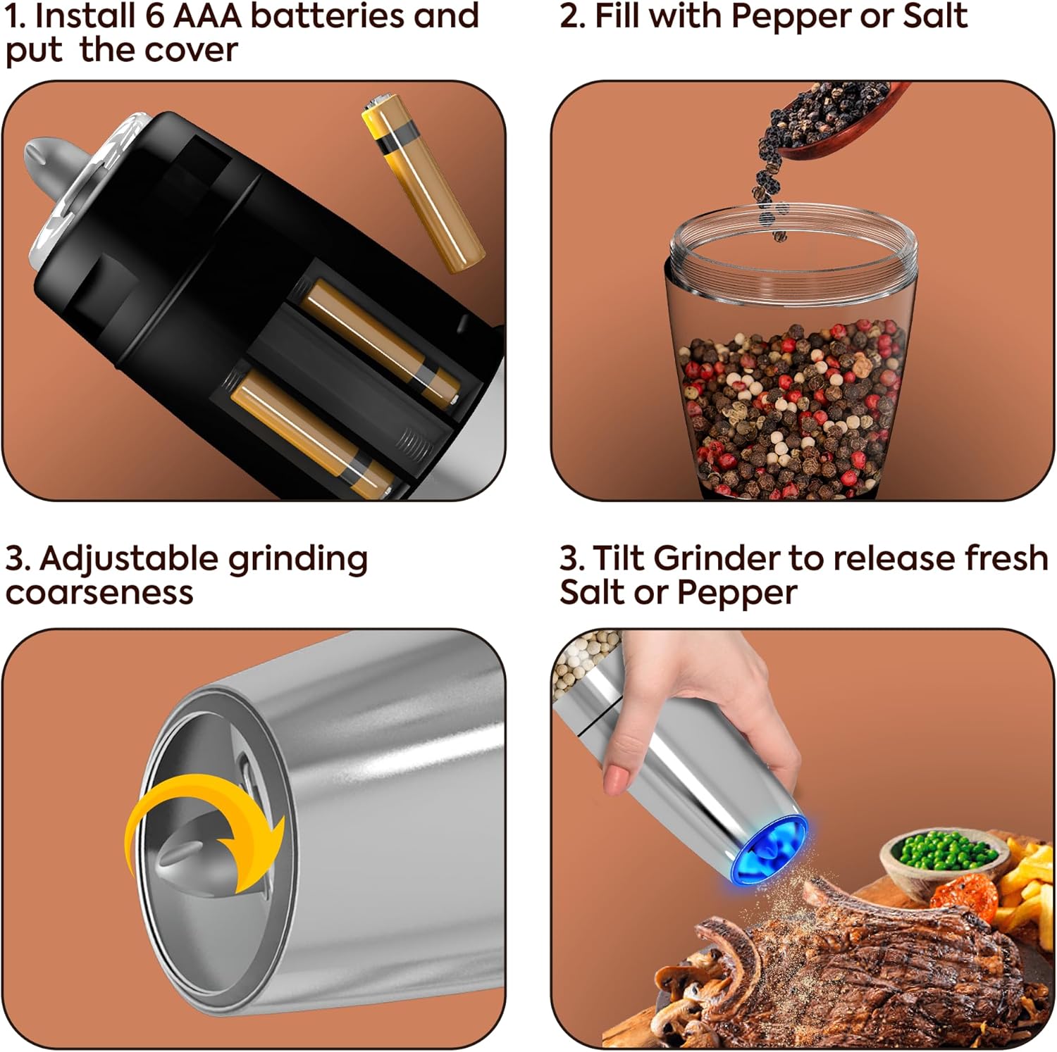 Electric Salt and Pepper Grinder Set with LED Light and Battery