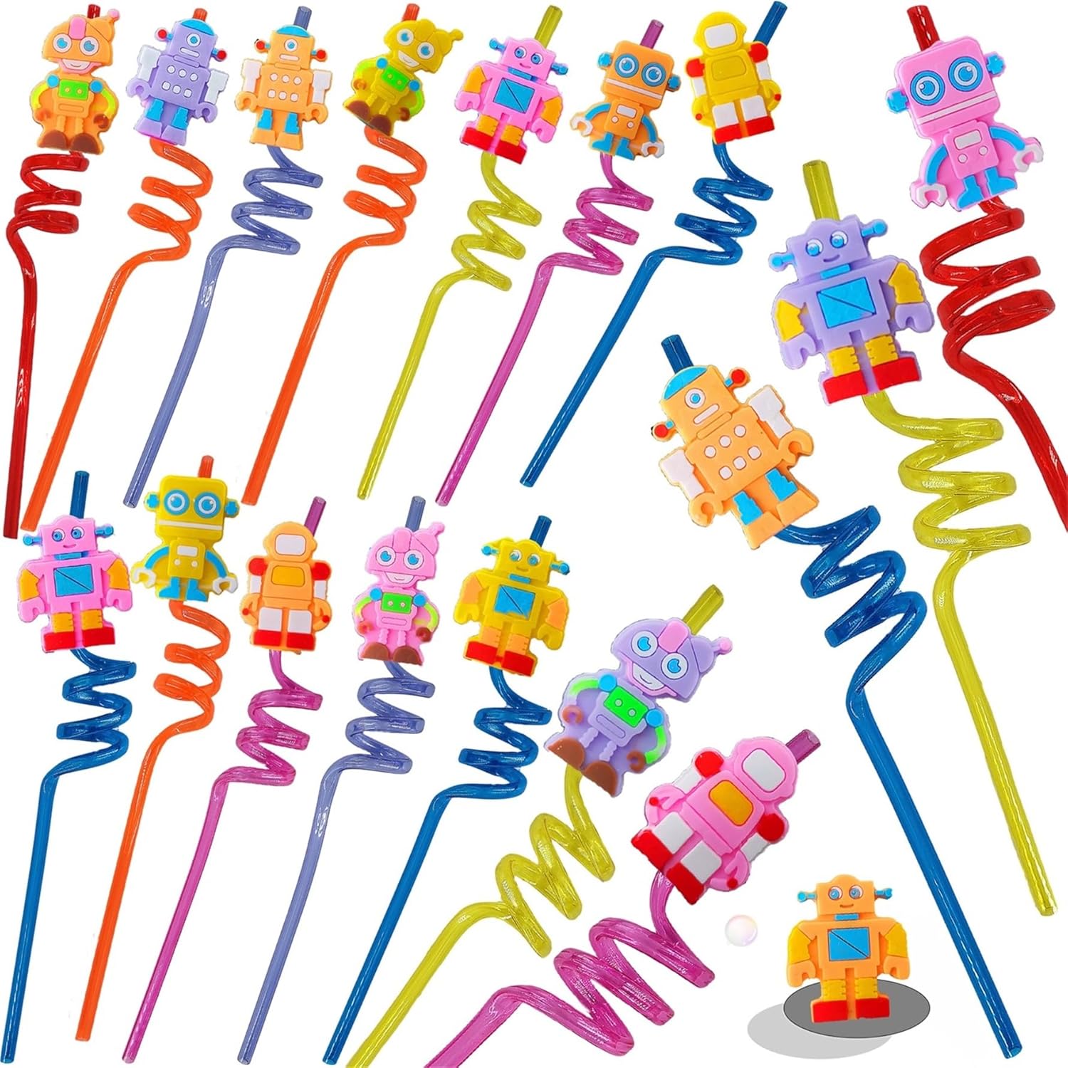 24 Packs Robot Themed Reusable Plastic Straws for Birthday Party Favors