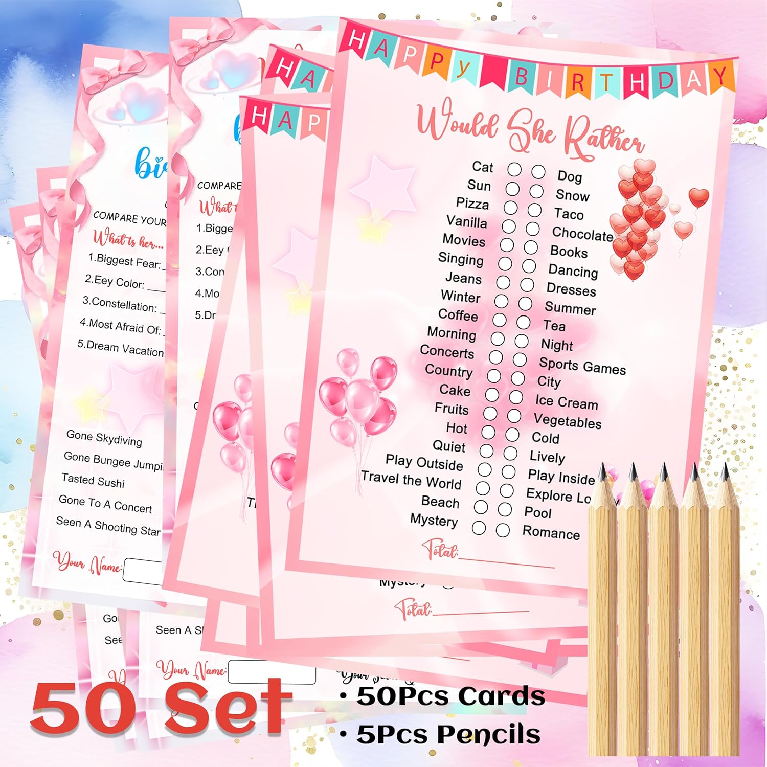Who Knows The Birthday Girl Best Game Set 50 Cards 5 Pencils