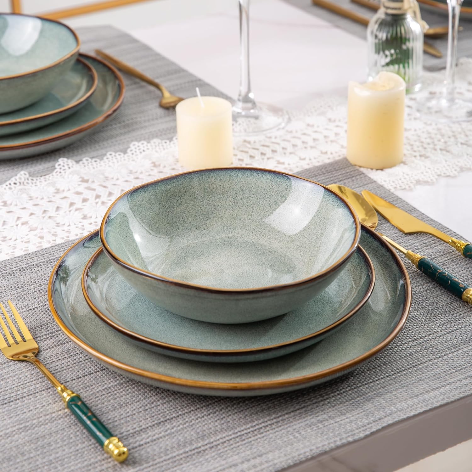 AmorArc Ceramic Dinnerware Set 36Pcs Handmade Reactive Glaze Plates and Bowls