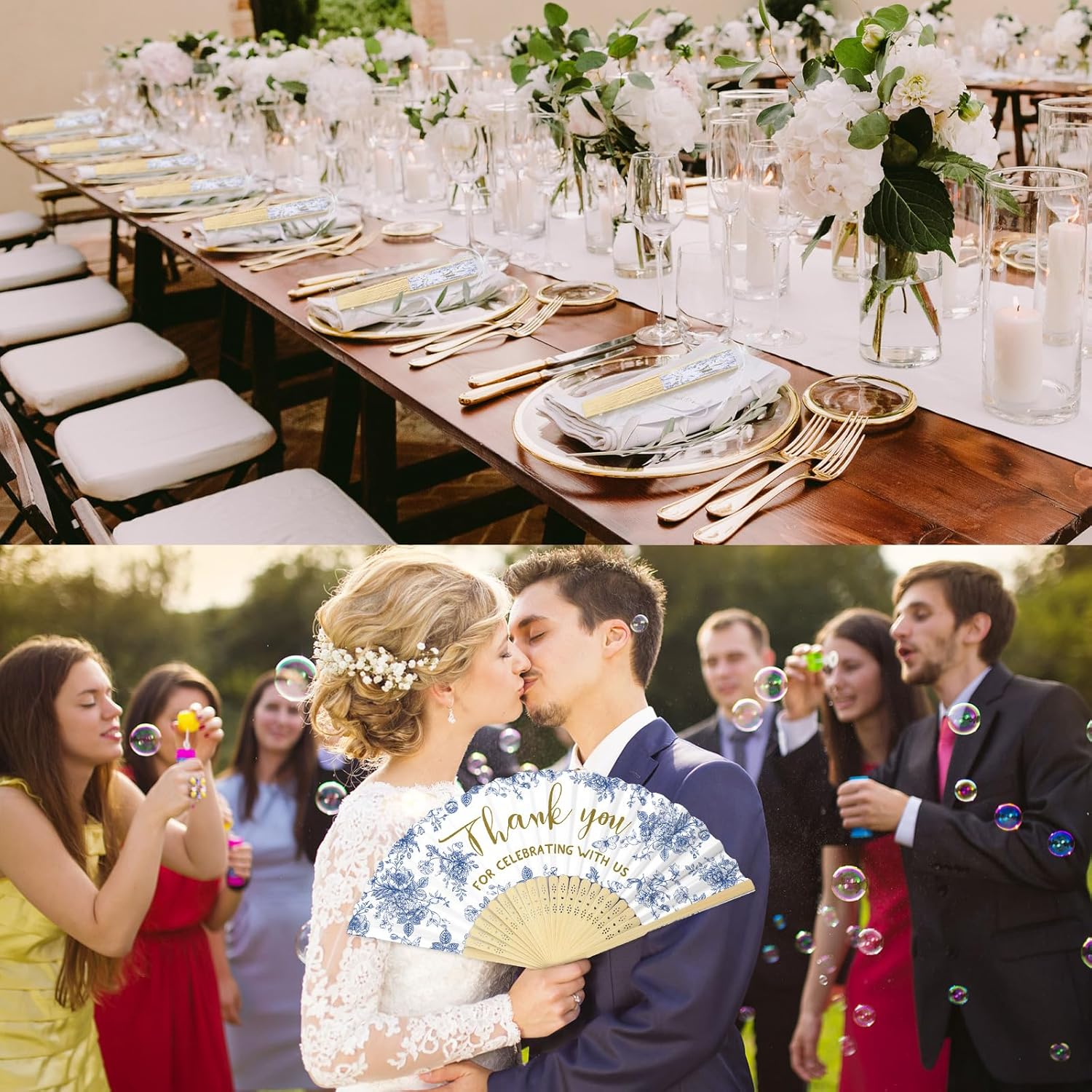 50 Pcs Blue White Flowers Foldable Wedding Fans with Organza Bags