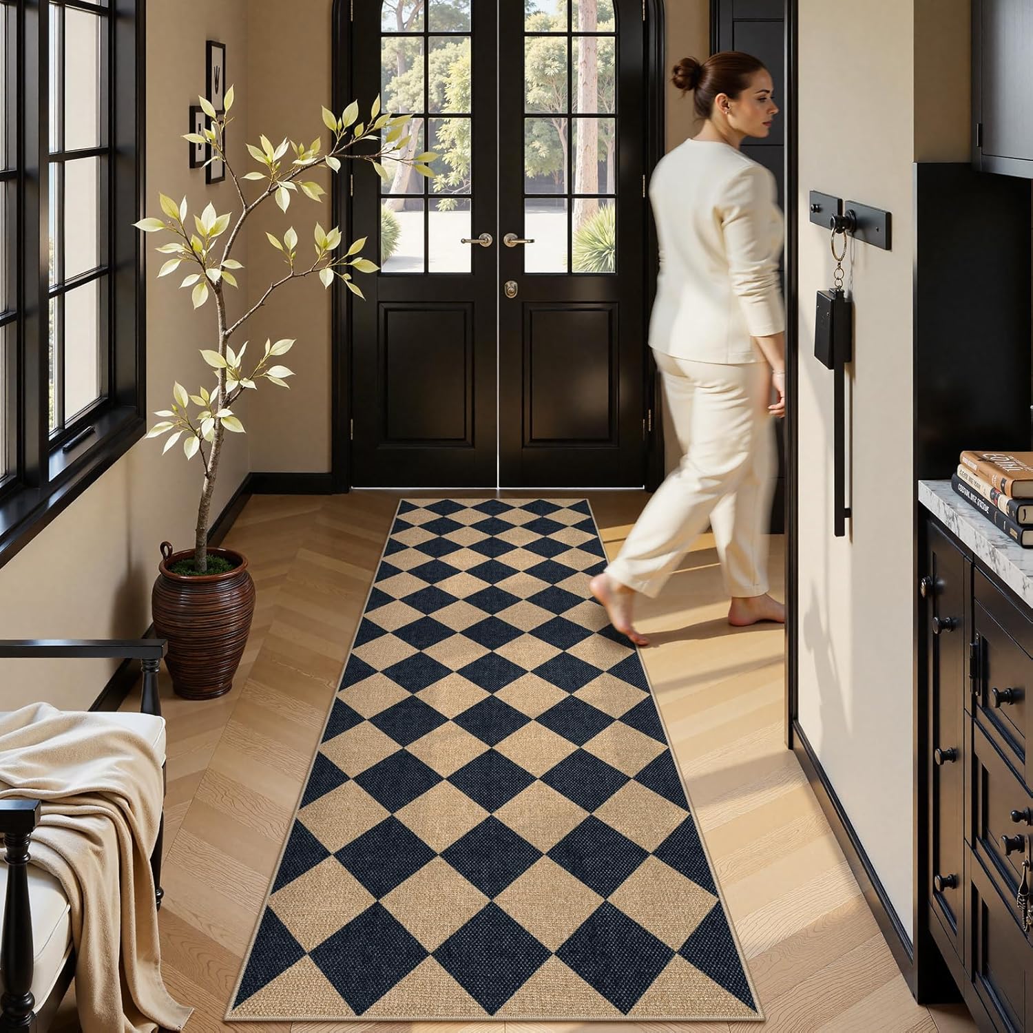 Lahome Checkered Jute Look Runner Rug 2x8 Non Slip Washable