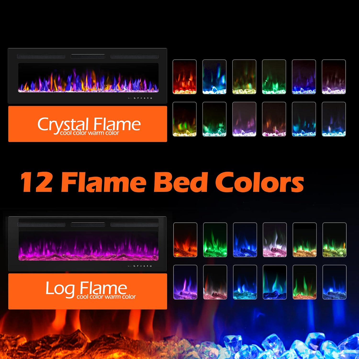 50 Inch Electric Fireplace With Remote Control and Crystal Logs