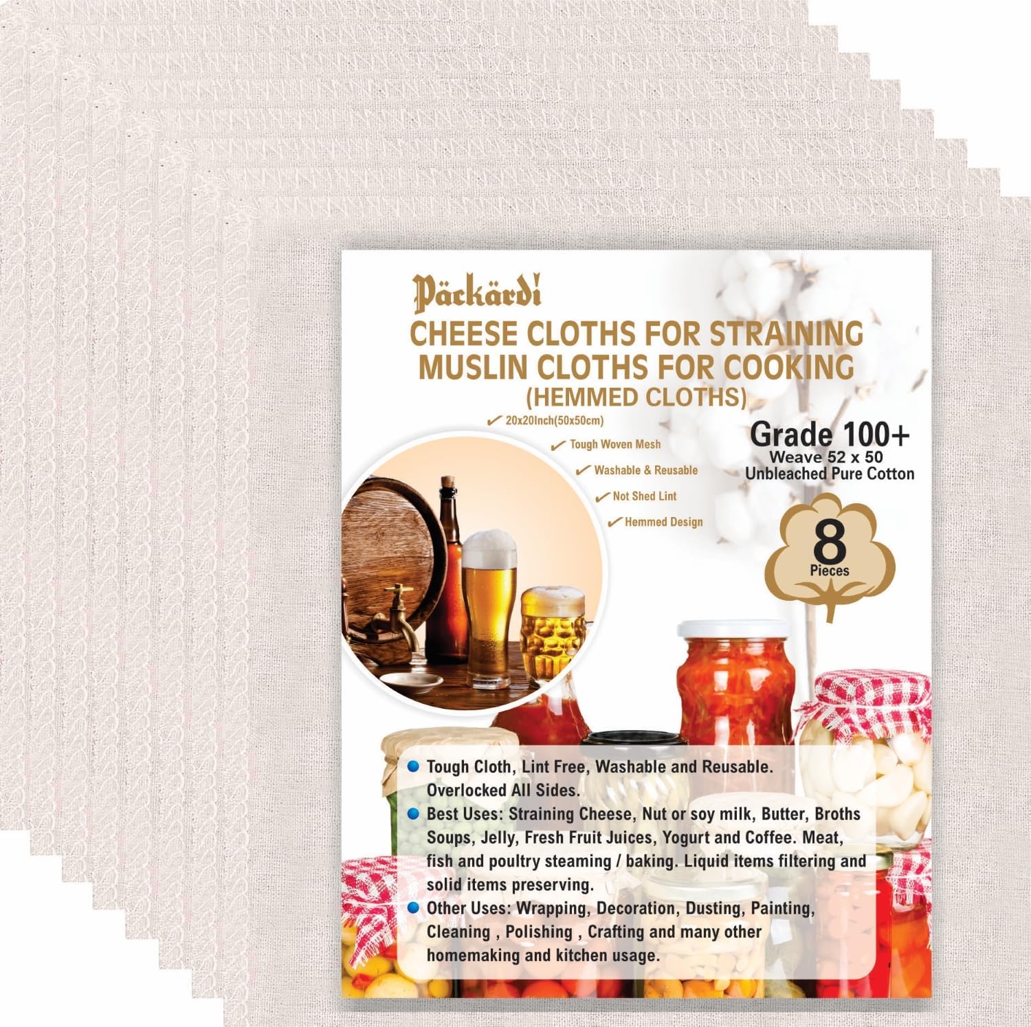 8 PCS Grade 100 Cheese Cloths 20x20 Inch Reusable