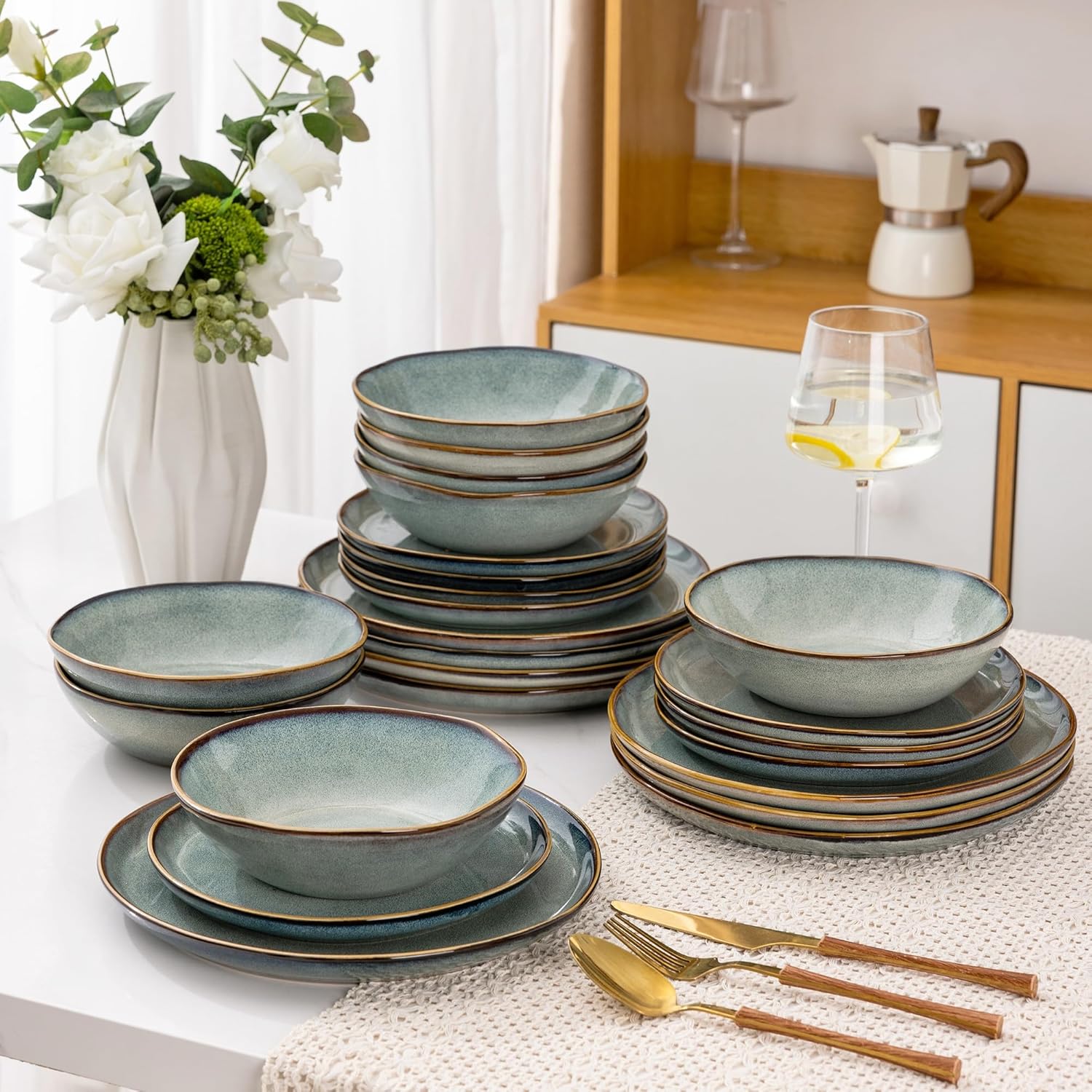 AmorArc Ceramic Dinnerware Set 36Pcs Handmade Reactive Glaze Plates and Bowls