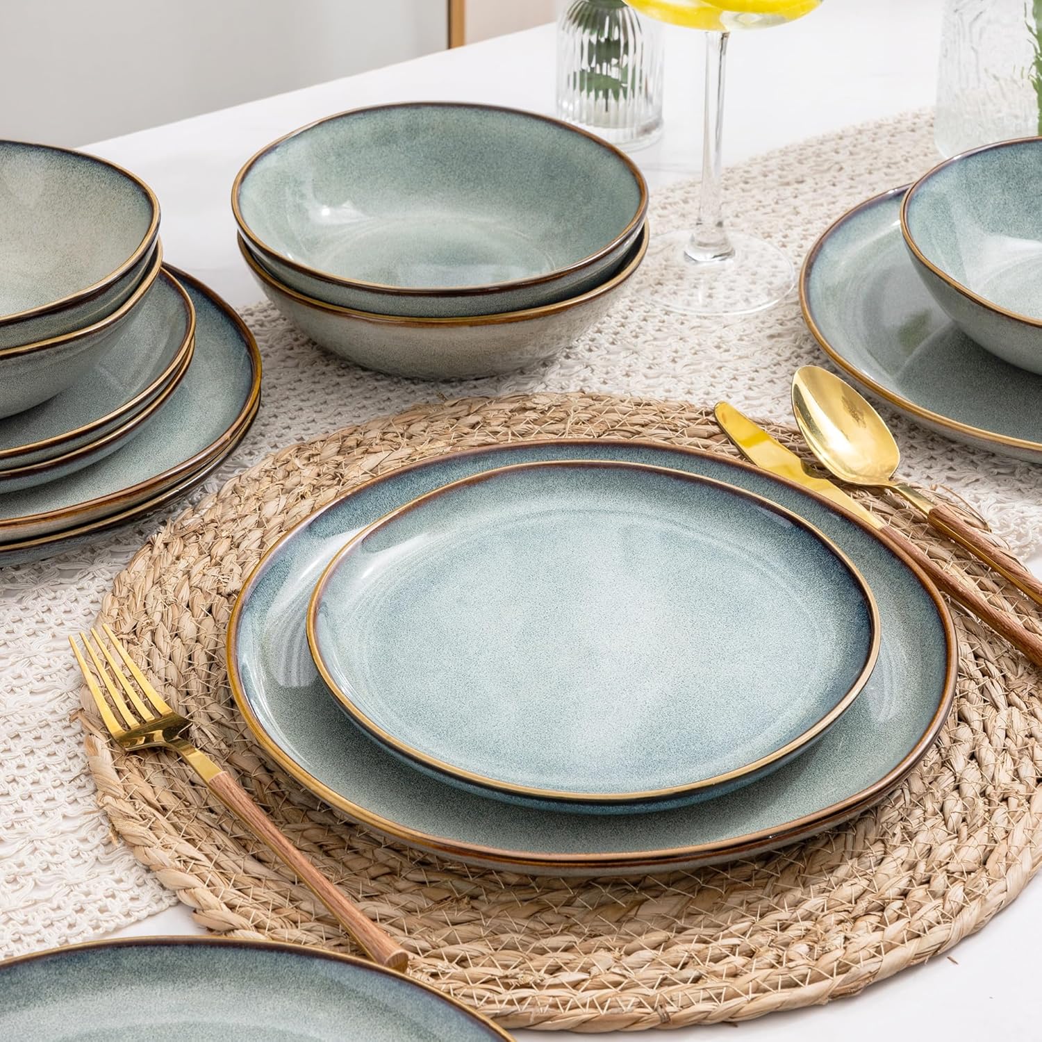 AmorArc Ceramic Dinnerware Set 36Pcs Handmade Reactive Glaze Plates and Bowls