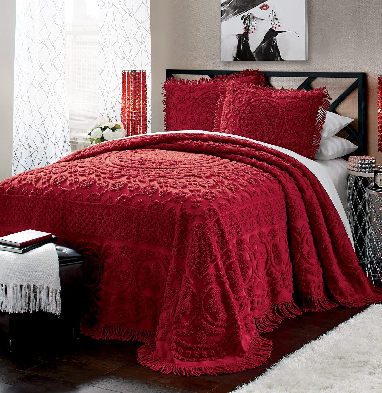 Montgomery Ward Emily Floral Chenille Bedspread Queen Size Red