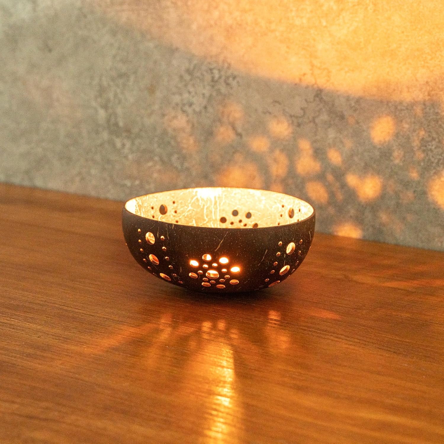 Restaurantware Coco Casa Coconut Shell Candle Holder Sun Pattern Handcrafted