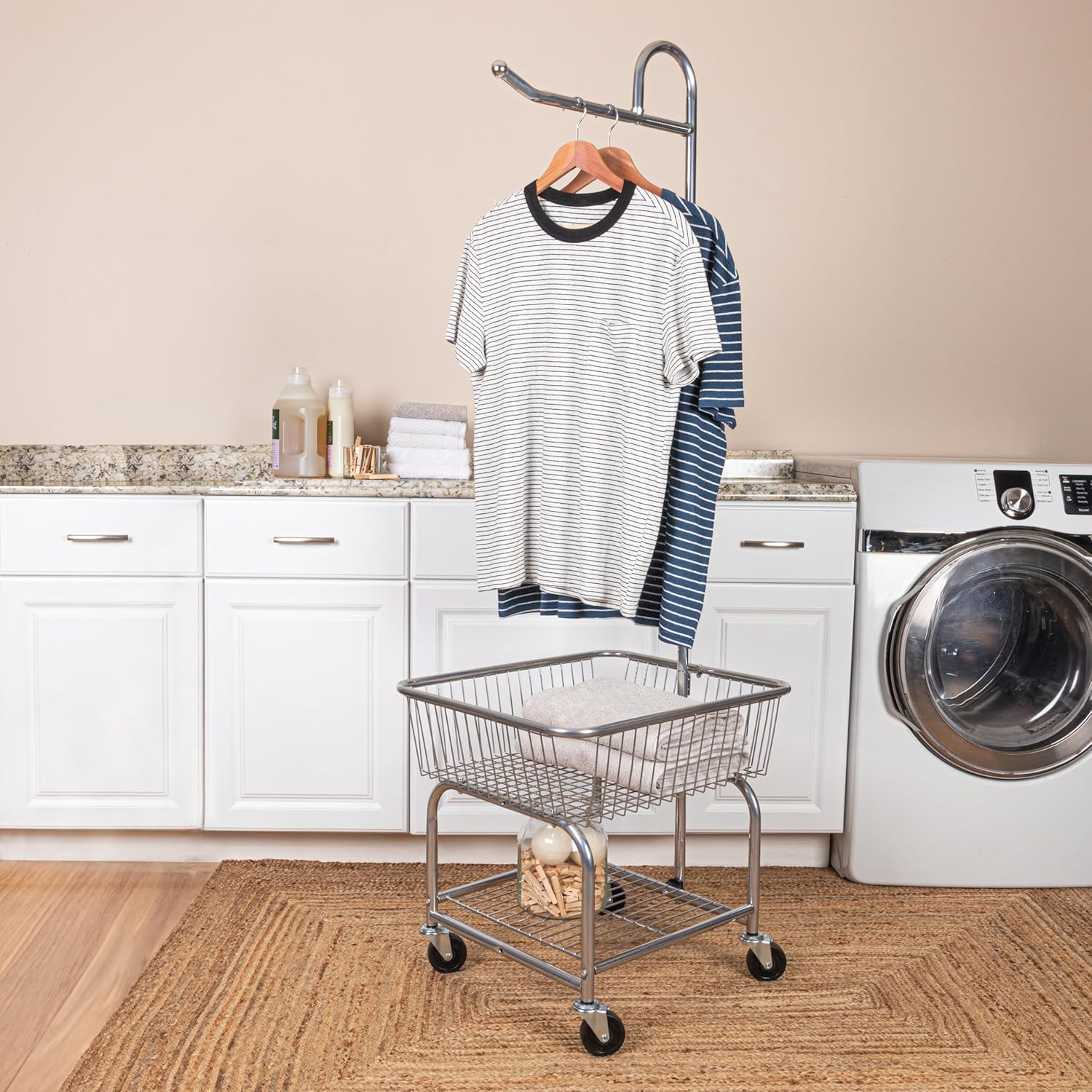Household Essentials Rolling Laundry Cart with Hanging Bar Chrome Finish