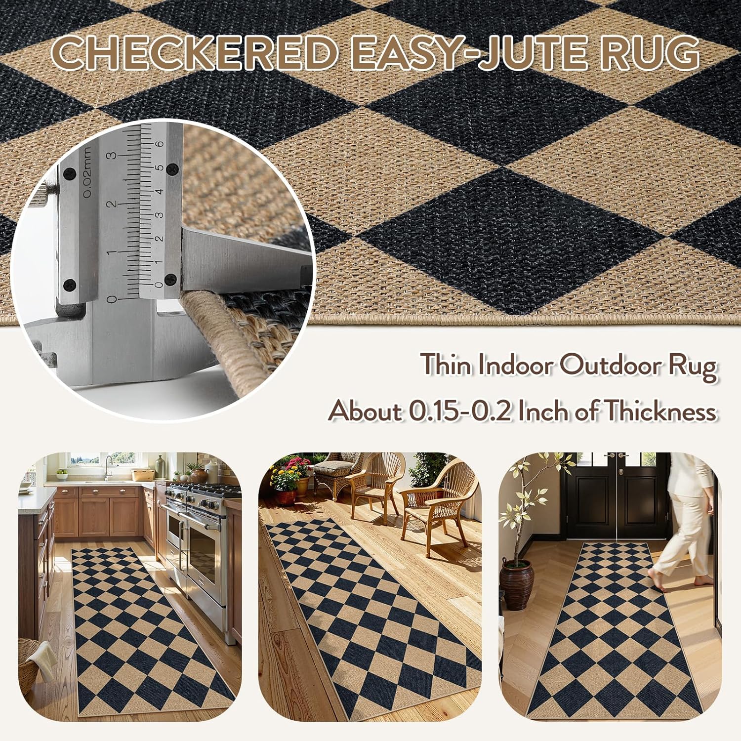 Lahome Checkered Jute Look Runner Rug 2x8 Non Slip Washable