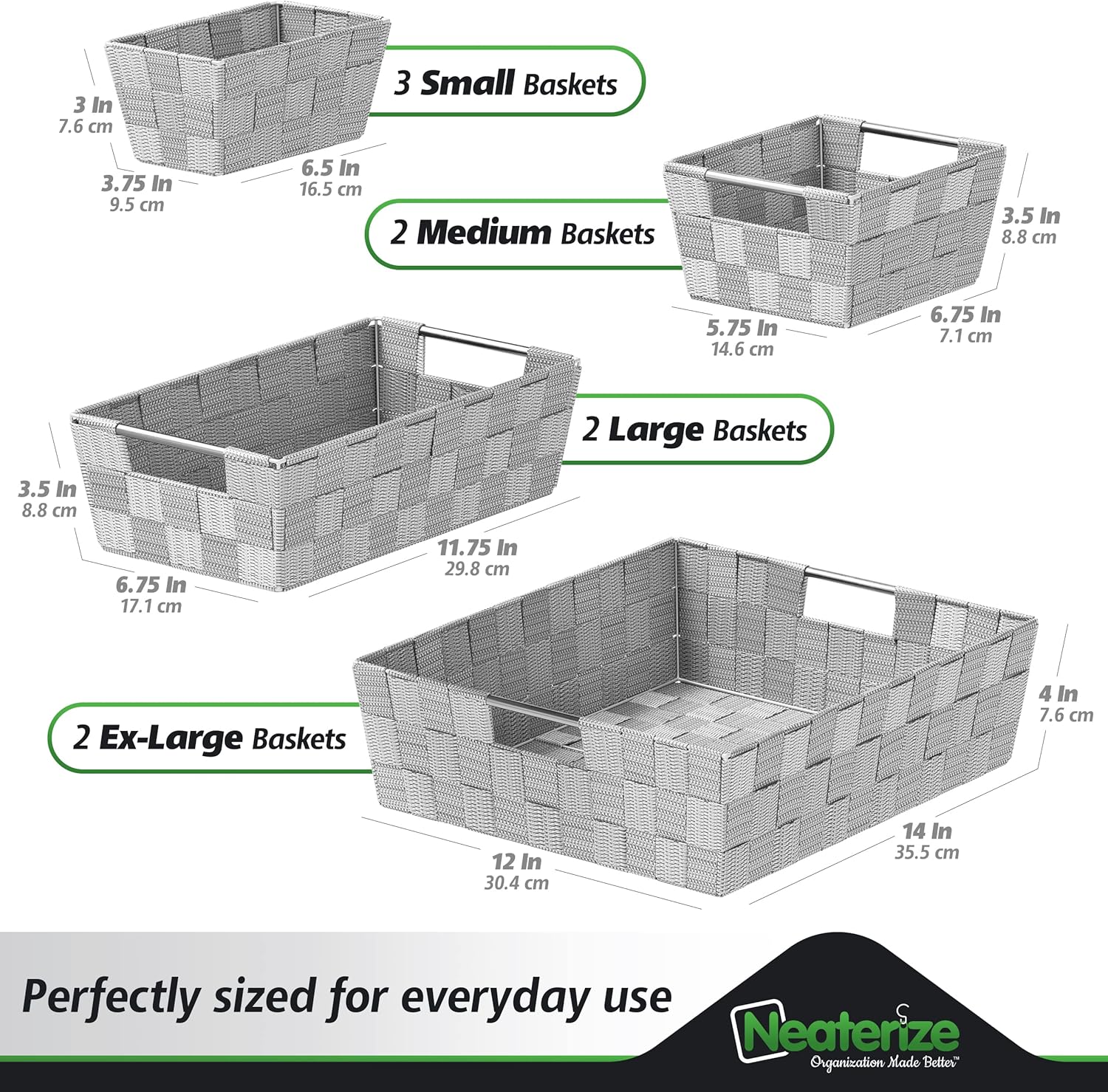 NEATERIZE 9-Piece Grey Storage Baskets Set