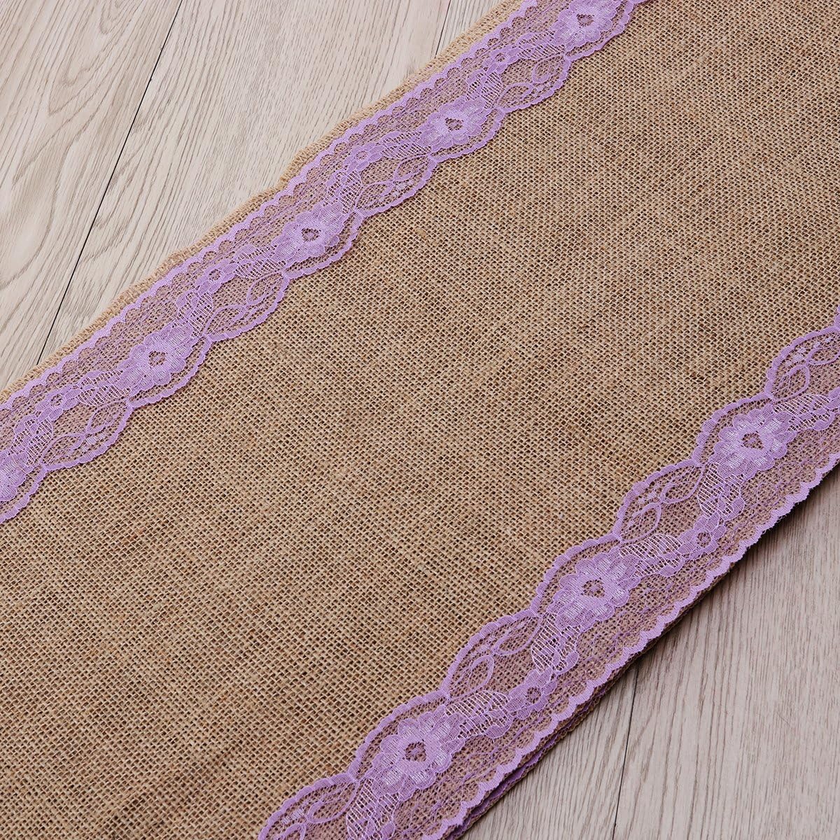 Rustic Brown Linen Table Runner with Purple Lace Design