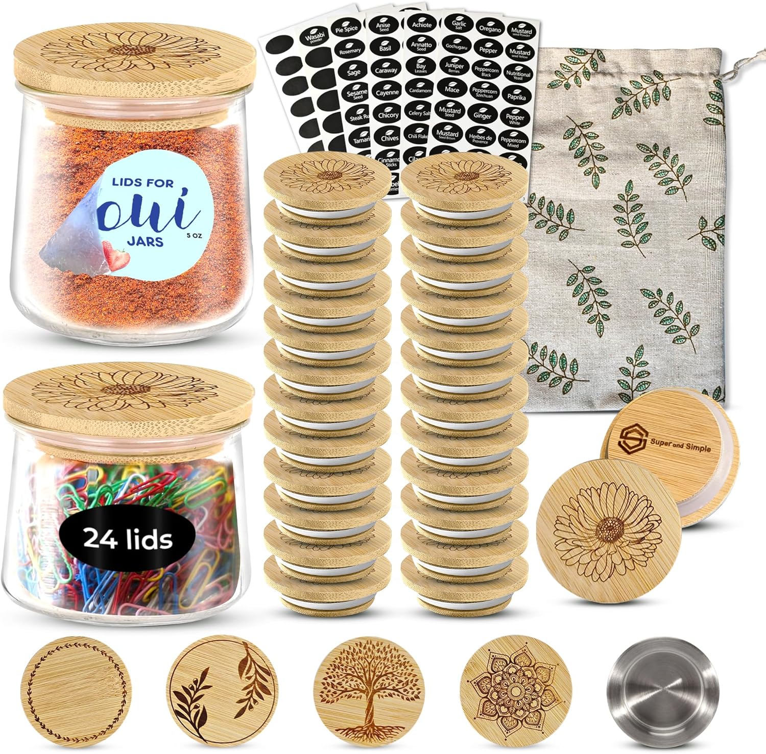 24 Reusable Bamboo Yogurt Jar Lids with Airtight Seal