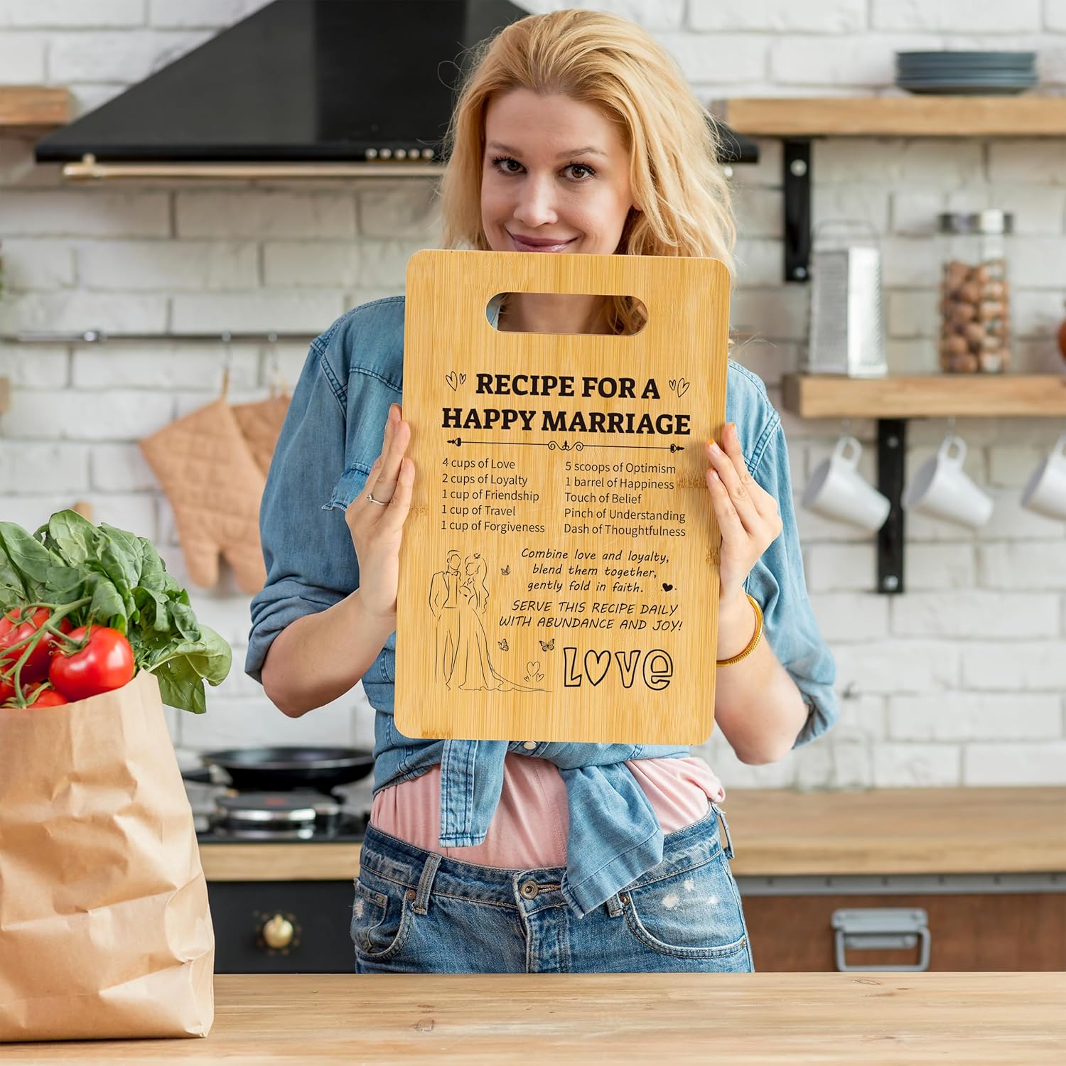 Happy Marriage Bamboo Cutting Board with Cookbook Stand