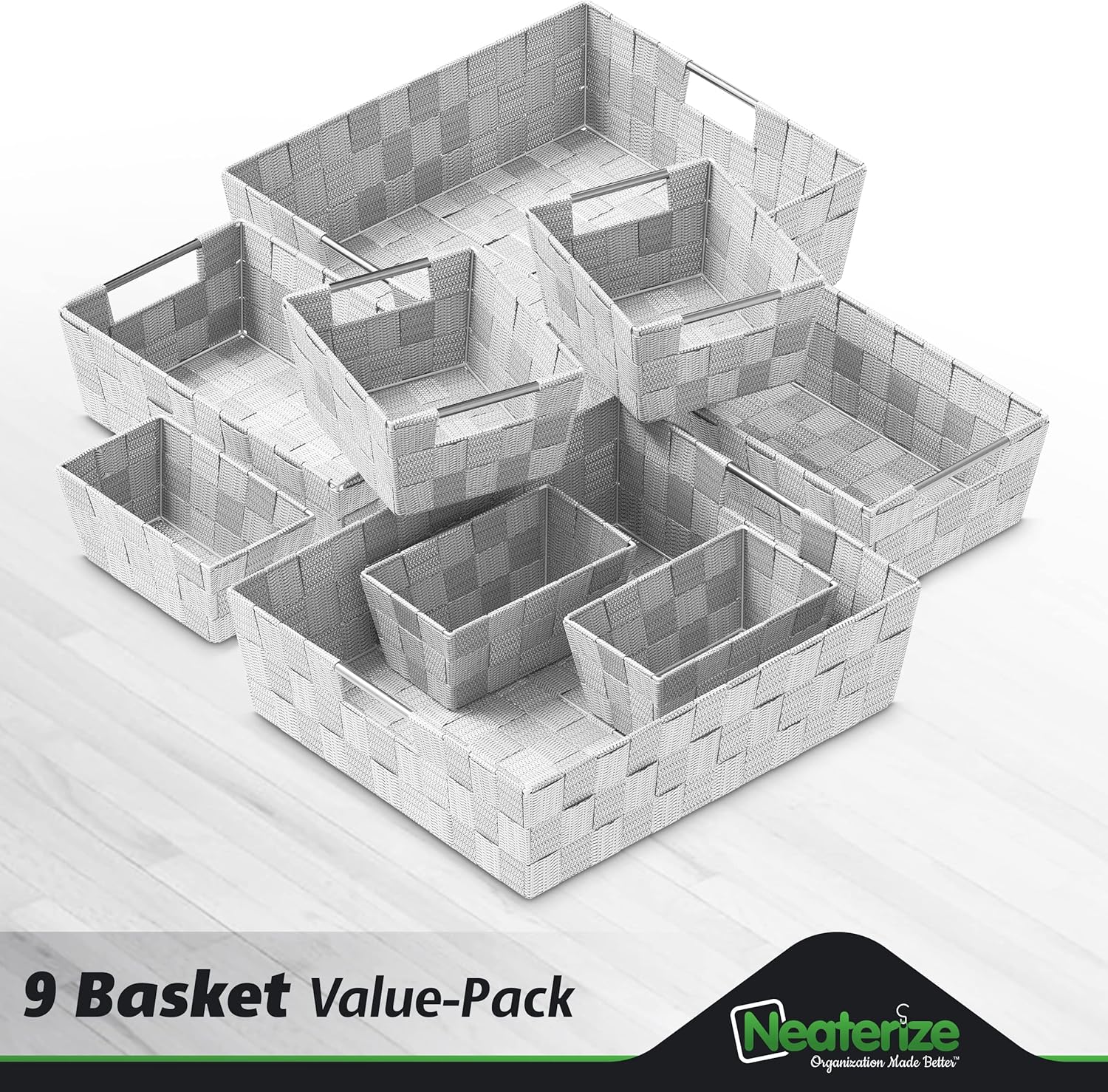 NEATERIZE 9-Piece Grey Storage Baskets Set