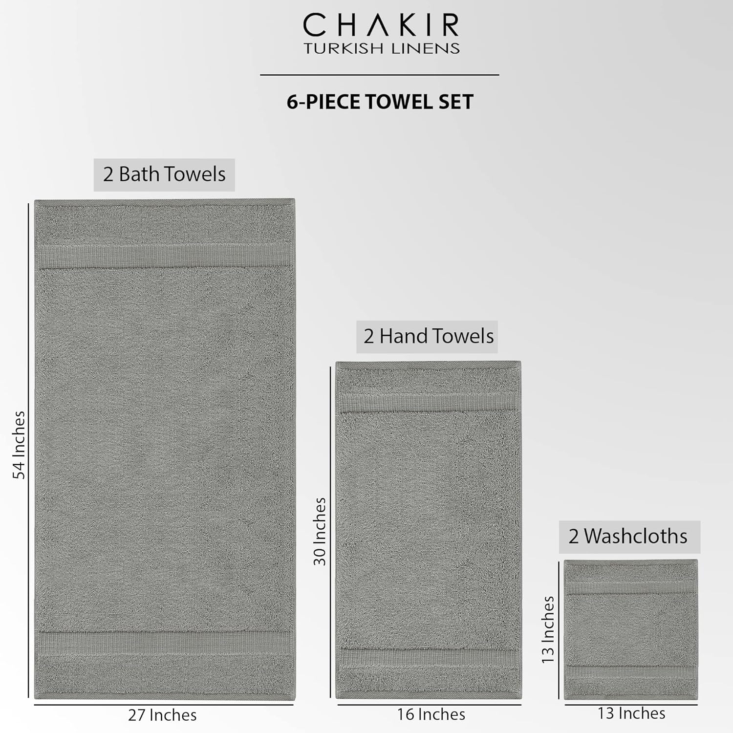 Chakir Turkish Linens Premium Cotton Towels Set Gray 6 Piece