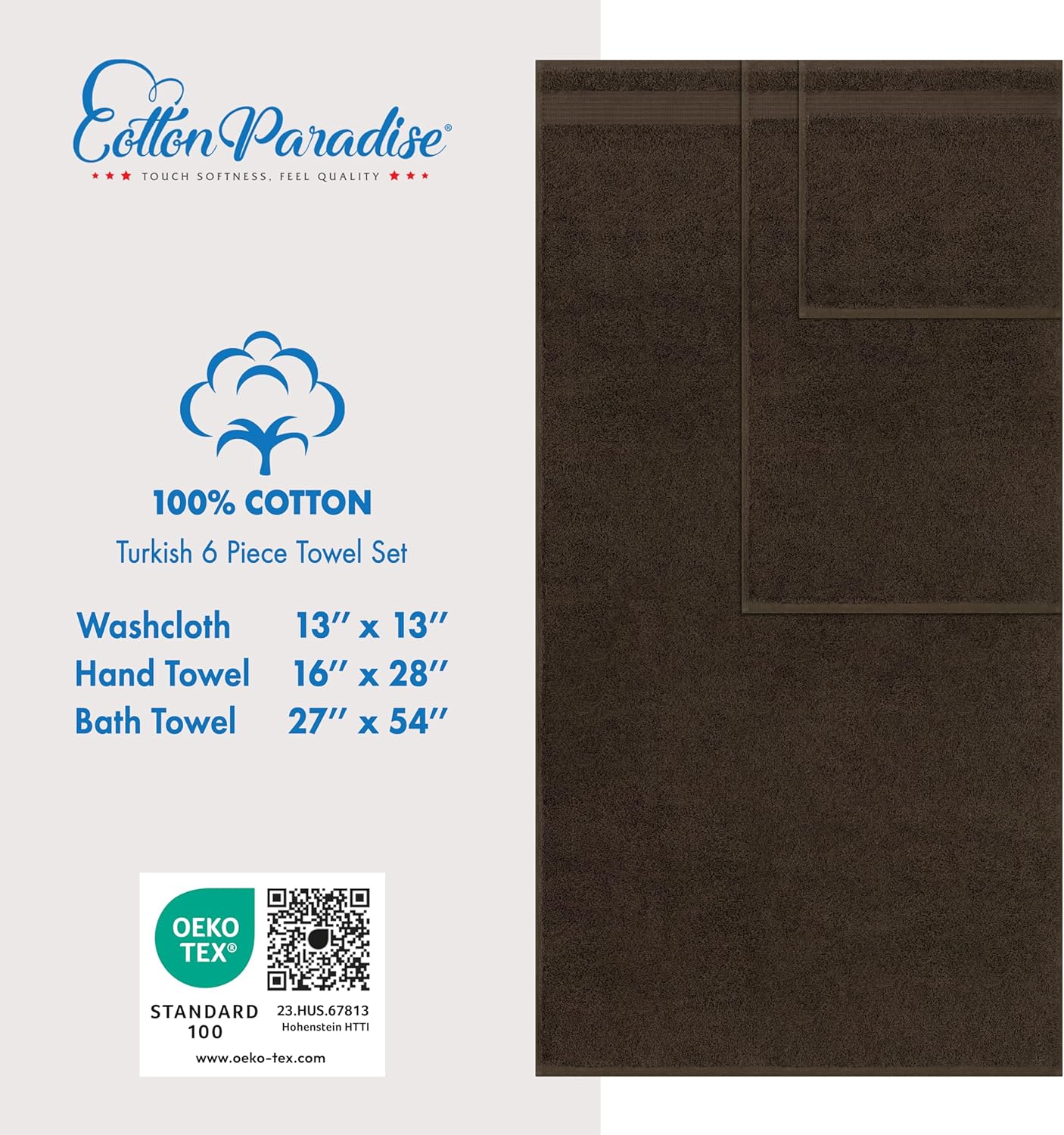 Cotton Paradise 6 Piece Towel Set Brown