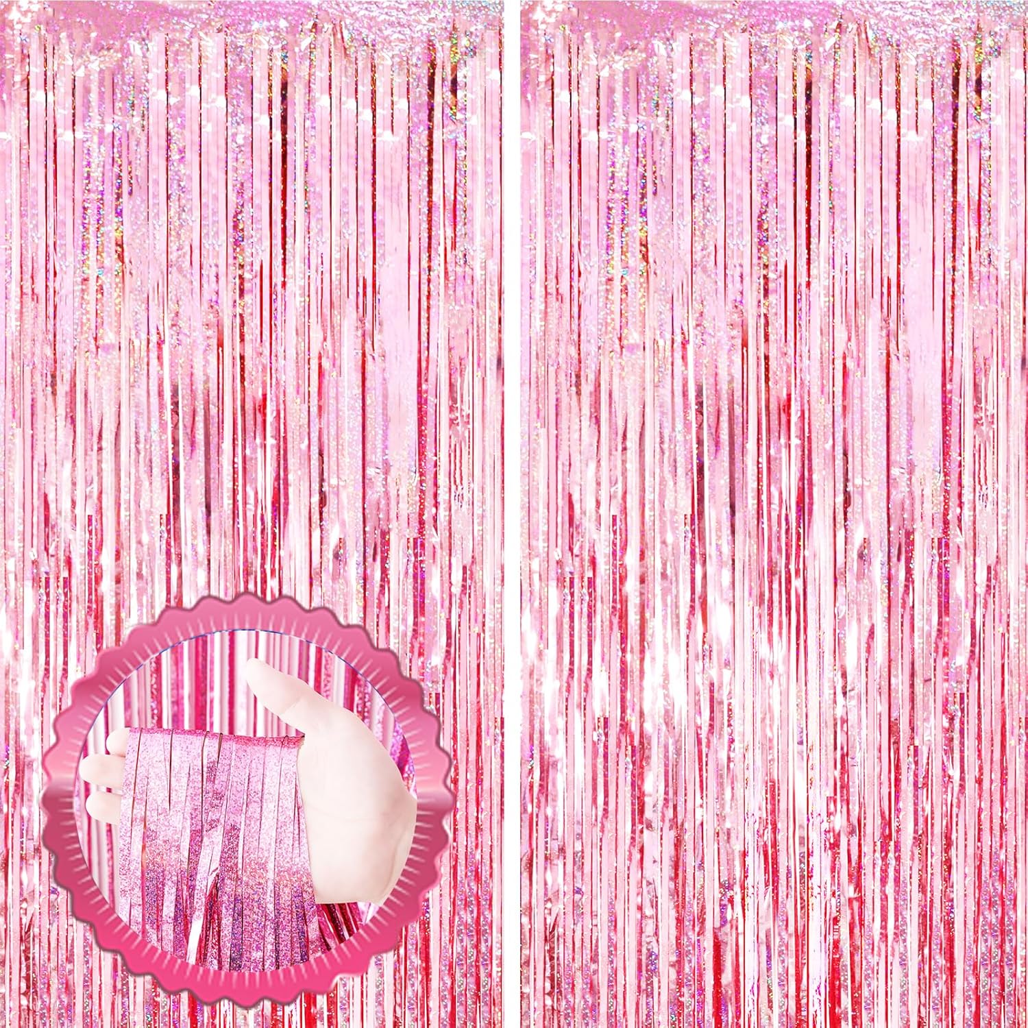 2 Pack Laser Pink Tinsel Foil Fringe Curtains
