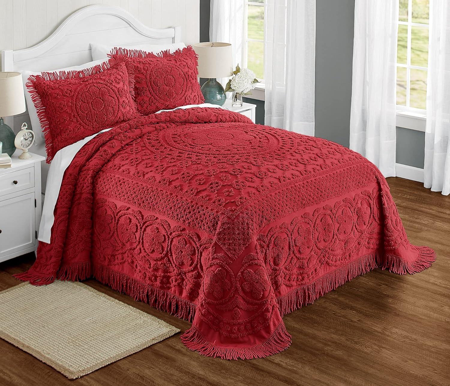 Montgomery Ward Emily Floral Chenille Bedspread Queen Size Red