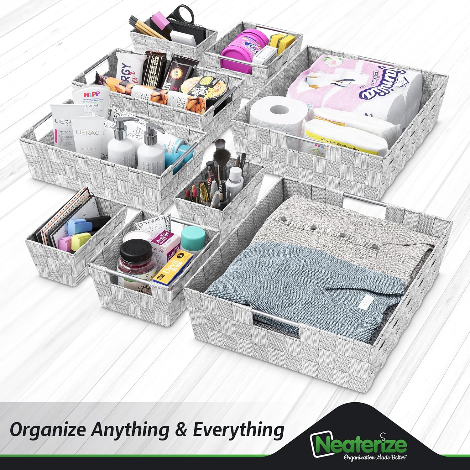 NEATERIZE 9-Piece Grey Storage Baskets Set
