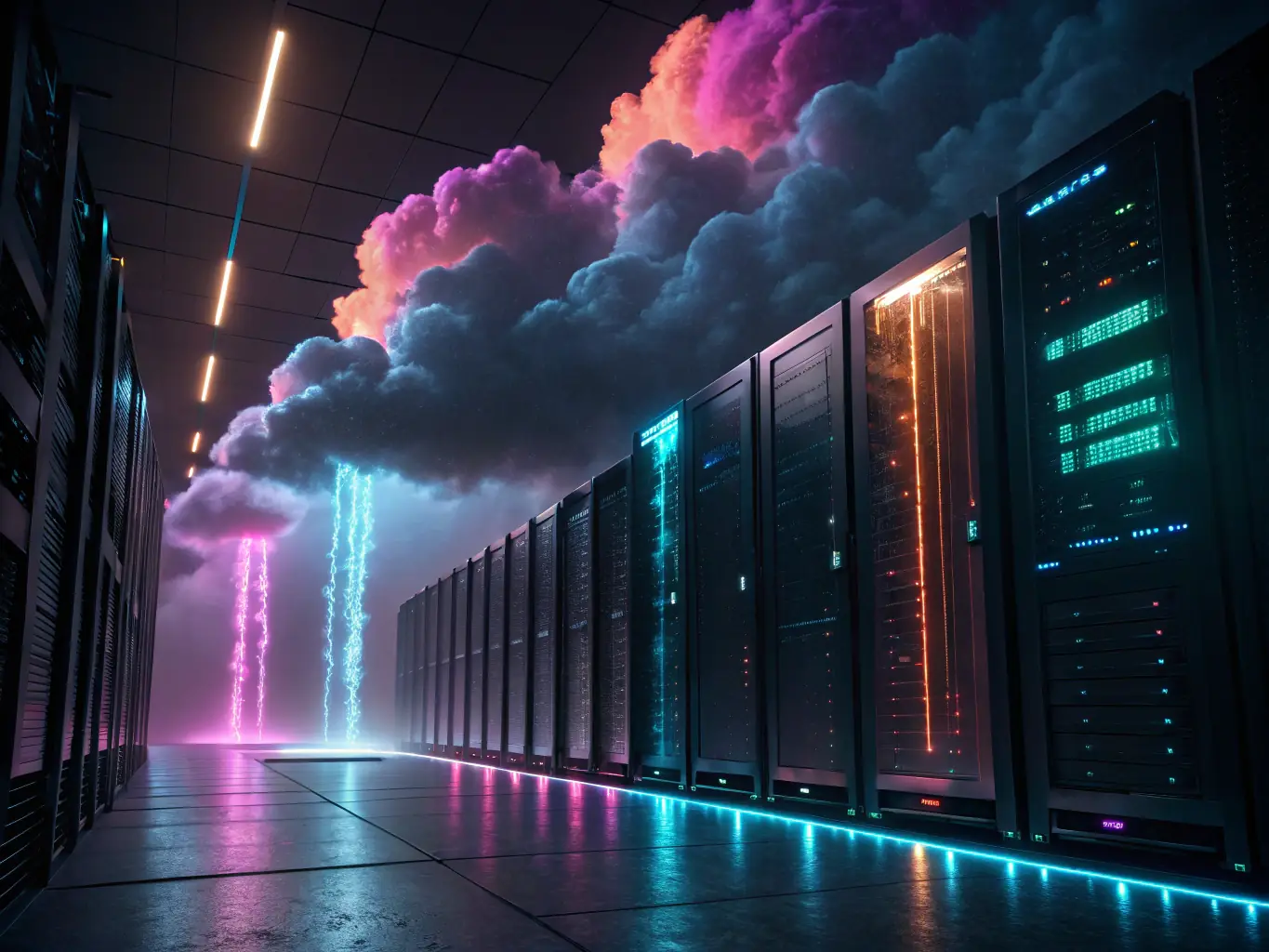 A serene, green cloud environment with trees and plants integrated into the server racks, representing eco-conscious cloud technologies.