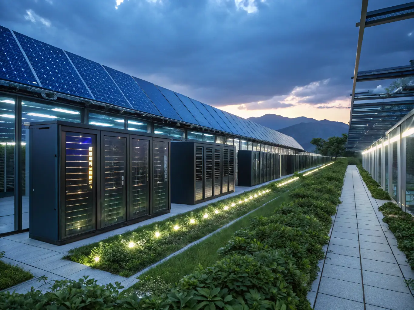 A modern, eco-friendly data center powered by solar panels, showcasing low-carbon digital infrastructure.