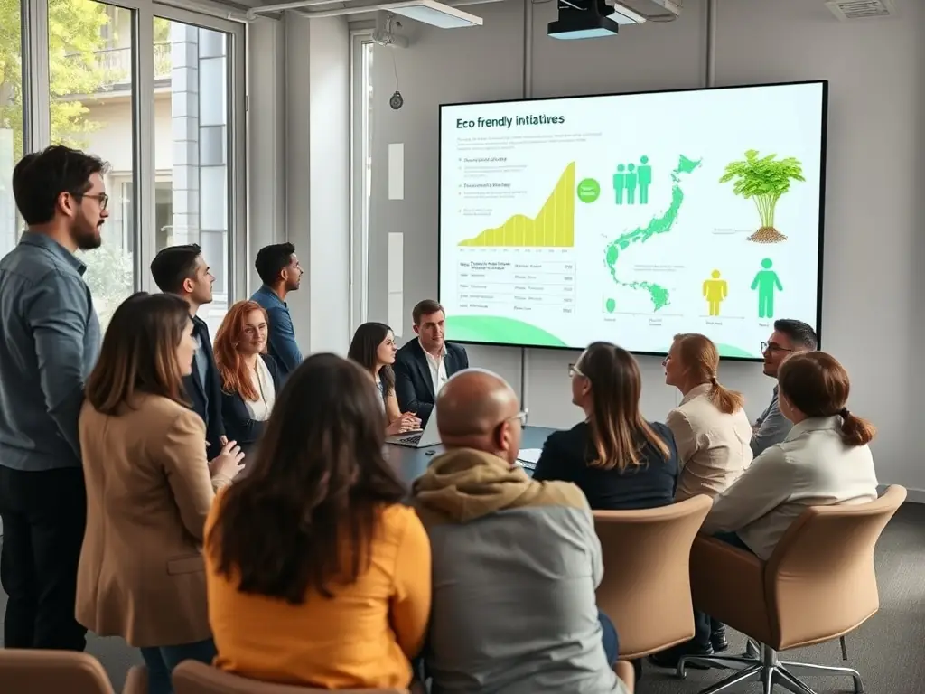A strategic planning meeting with professionals discussing carbon-neutral strategies and sustainable business practices.