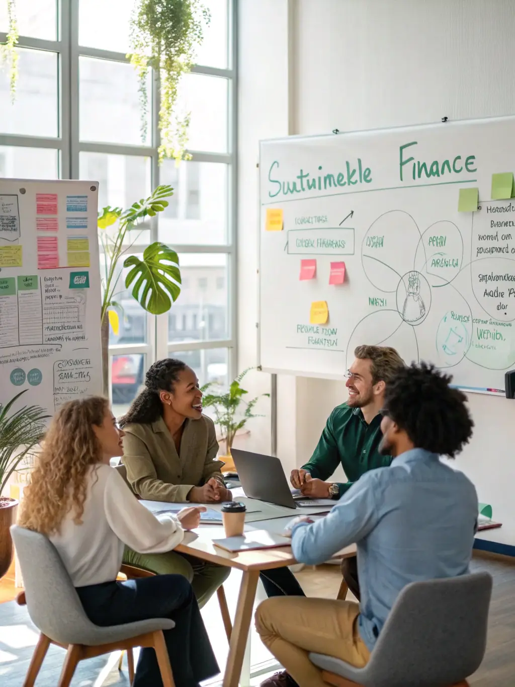An image illustrating a business team discussing sustainability strategies in a modern office, representing CARBONIS's carbon-neutral transformation strategies.
